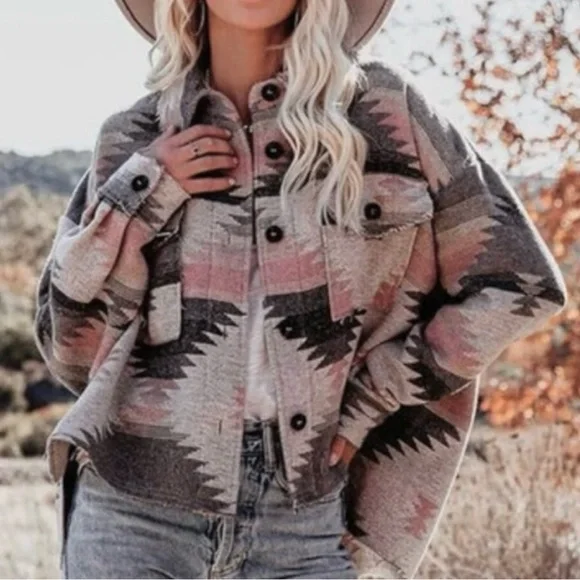 La Miel Aztec Oversized Raw Frayed Hem Jacket (S) - Picture 3 of 7